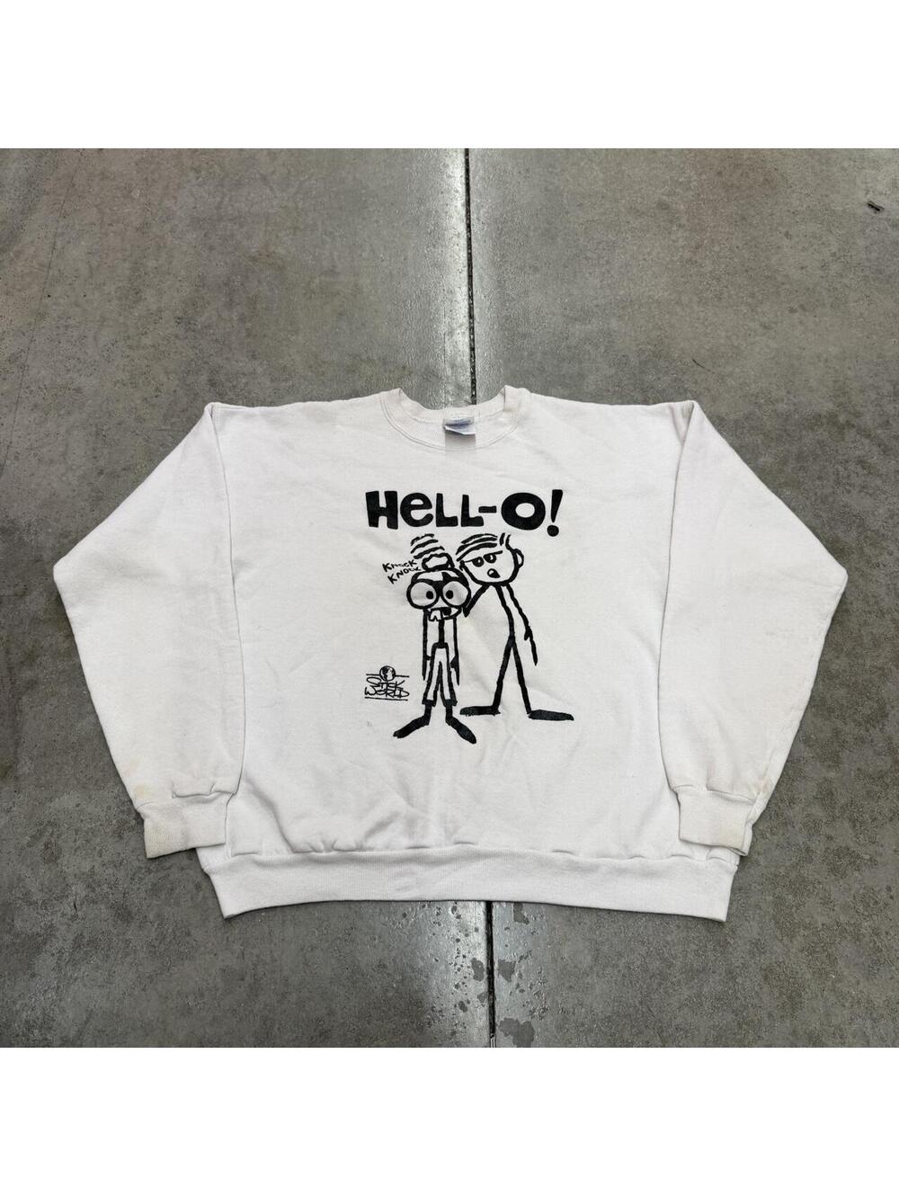 vintage hello stick world knock knock joke made in usa white crewneck size xl